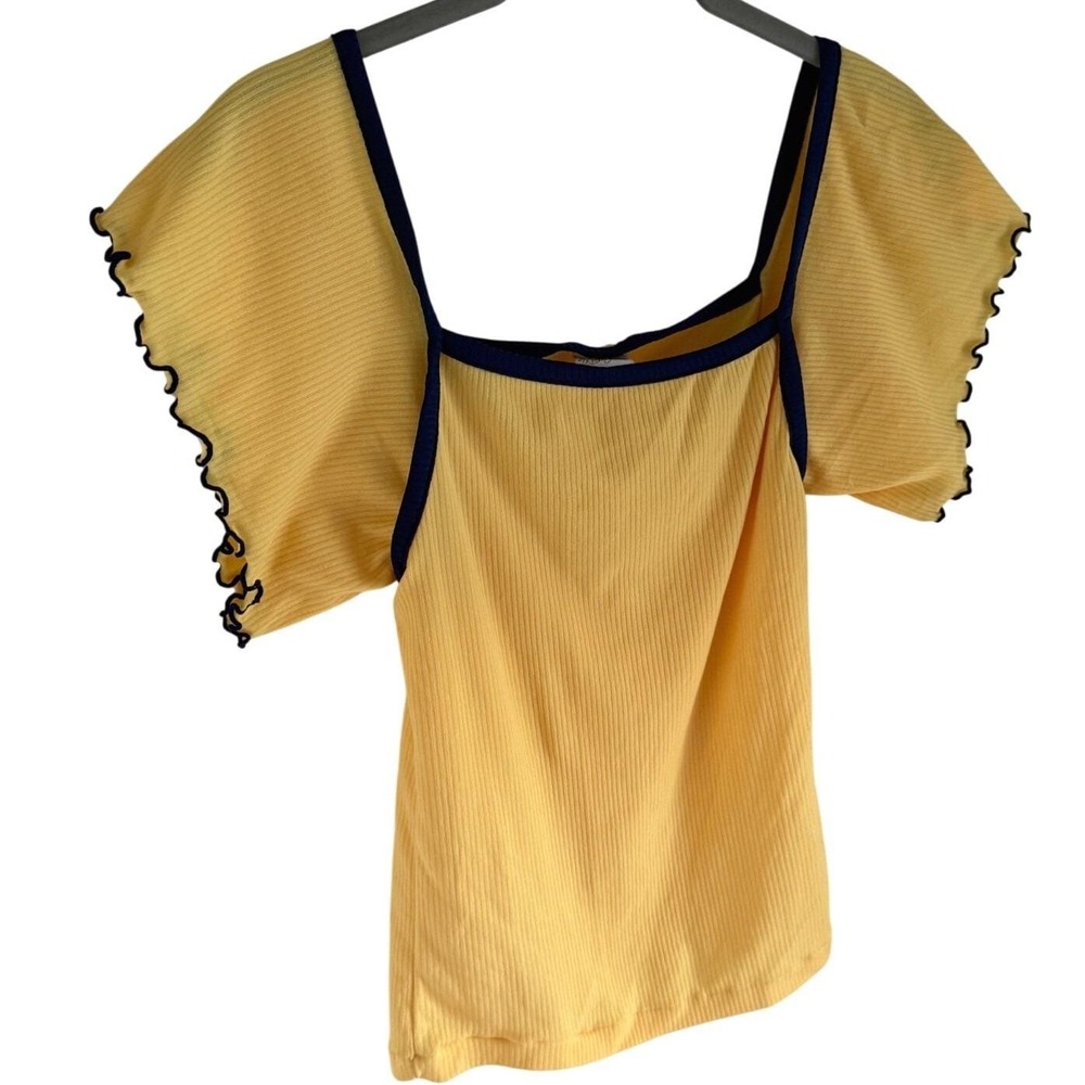 VTG 70s Helen Sue Yellow Ribbed Top Mod Ruffle Lettuce Edge Sleeve Square Neck M - Picture 3 of 5